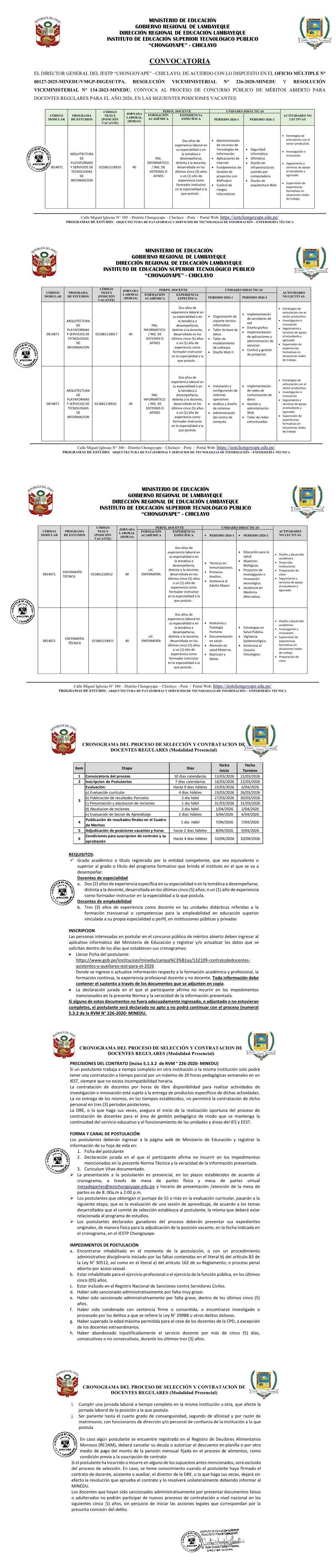 CONVOCATORIA PARA EL CONCURSO PÚBLICO DE MÉRITOS ABIERTO DE DOCENTES REGULARES 2026 DEL IESTP CHONGOYAPE